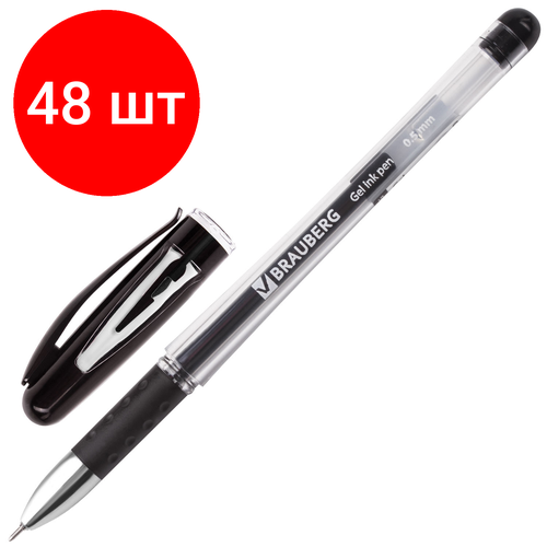Комплект 48 шт, Ручка гелевая с грипом BRAUBERG Geller, черная, игольчатый узел 0.5 мм, линия письма 0.35 мм, 141180