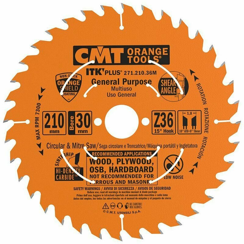 Диск пильный ультратонкий СМТ Италия 210x30(+25)x1,8/1,2 15 10 ATB + 8 SHEAR Z36 CMT 271.210.36M