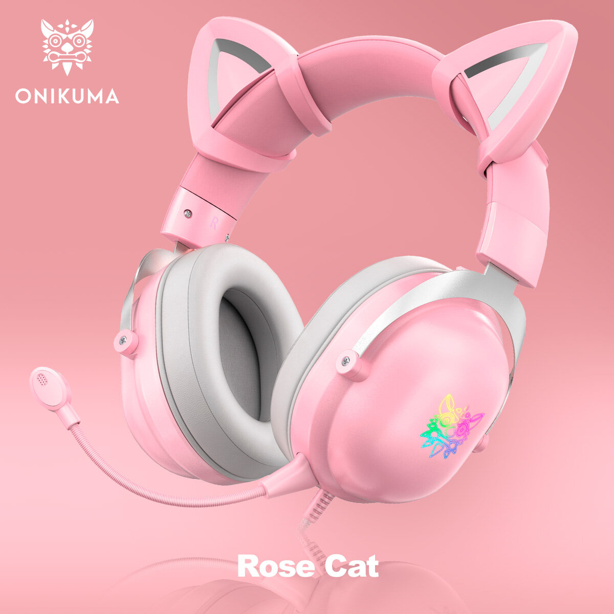 Игровые наушники Onikuma X11 Rose Cat розовые с кошачьими ушками и подсветкой