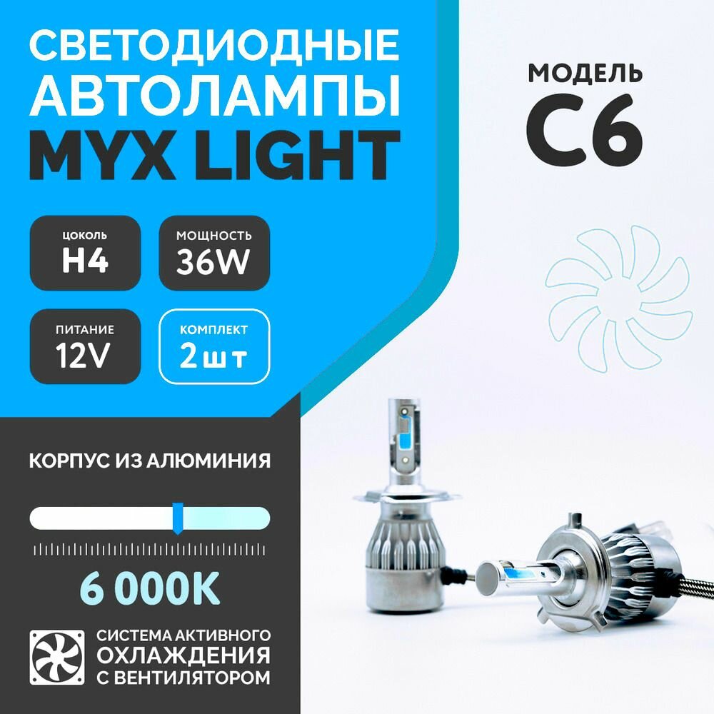 Светодиодные автомобильные лампы C6 цоколь H4 напряжение 12V мощность 36W LED чип COB с вентилятором температура света 6000K 2 шт.