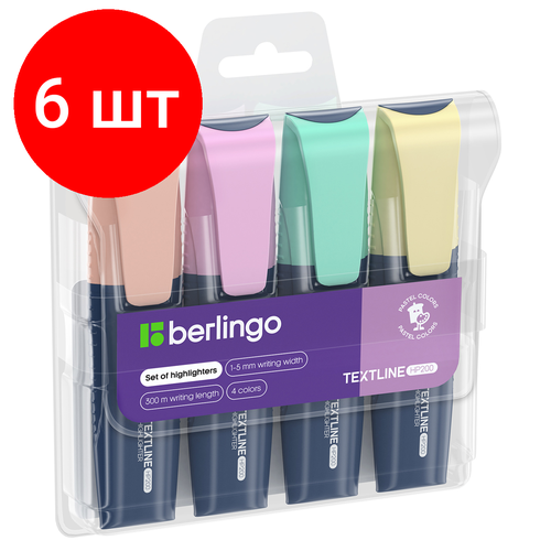 Комплект 6 шт, Набор текстовыделителей Berlingo Textline HP200 04цв, пастельные цвета, 1-5мм, европодвес