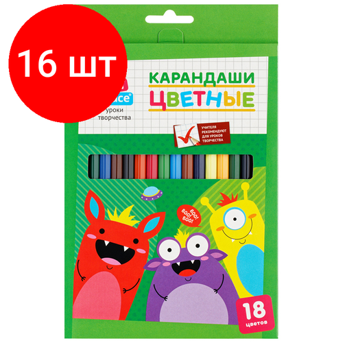 Комплект 16 шт, Карандаши цветные ArtSpace Монстрики, 18цв, заточен, картон, европодвес