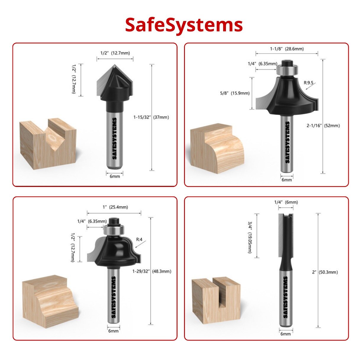 Фрезы по дереву SafeSystems (набор 12 шт) хвостовик 6 мм