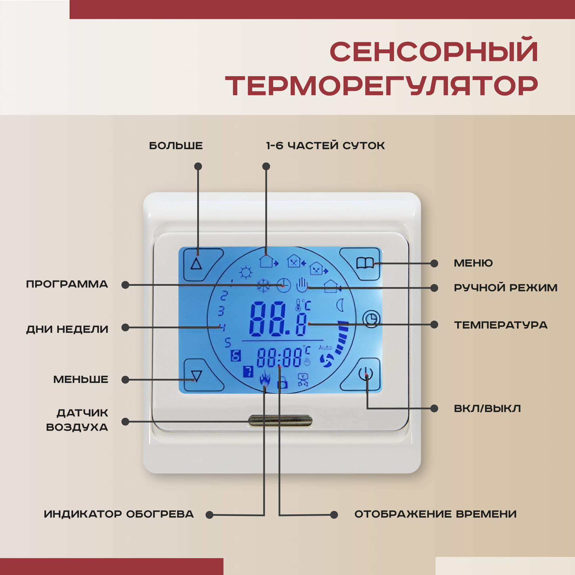 Теплый пол Vimarr L 540L2400KM16.0-M1-21 16 м2 2400 Вт с белым программируемым сенсорным терморегулятором — фото 1