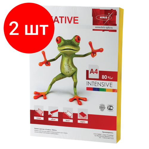 Комплект 2 шт, Бумага цветная CREATIVE color, А4, 80 г/м2, 100 л, интенсив, желтая, БИpr-100ж бумага цветная creative color а4 80 г м2 100 л интенсив зеленая биpr 100з