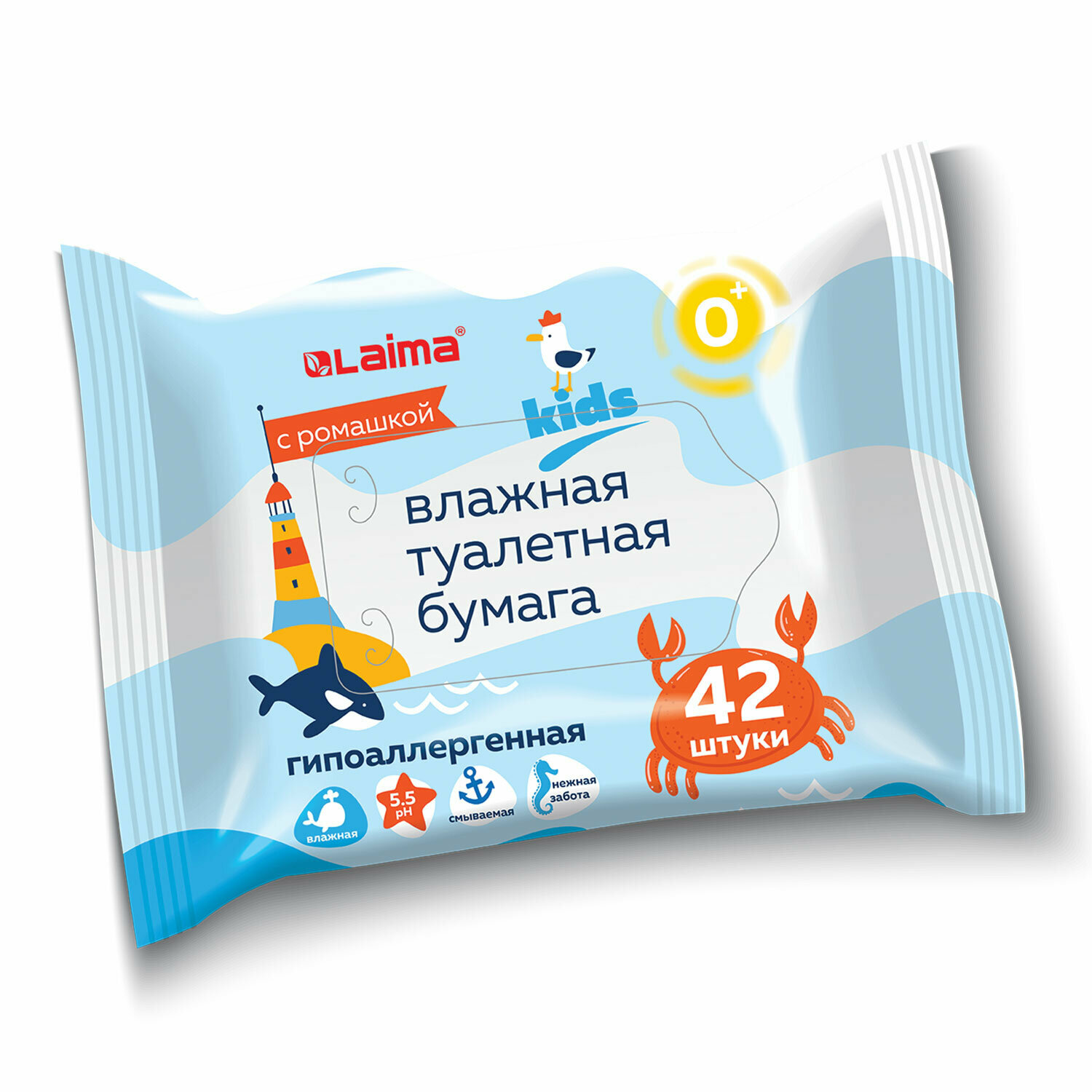 Бумага туалетная LAIMA влажная, детская, 42 штуки, биоразлагаемая, смываемая, Kids