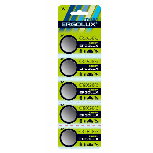 ergolux батарейки ergolux ааа 12шт 3 уп Батарейка Ergoluxe CR2032 Lithium, 5 штук в упаковке. 3 упаковки