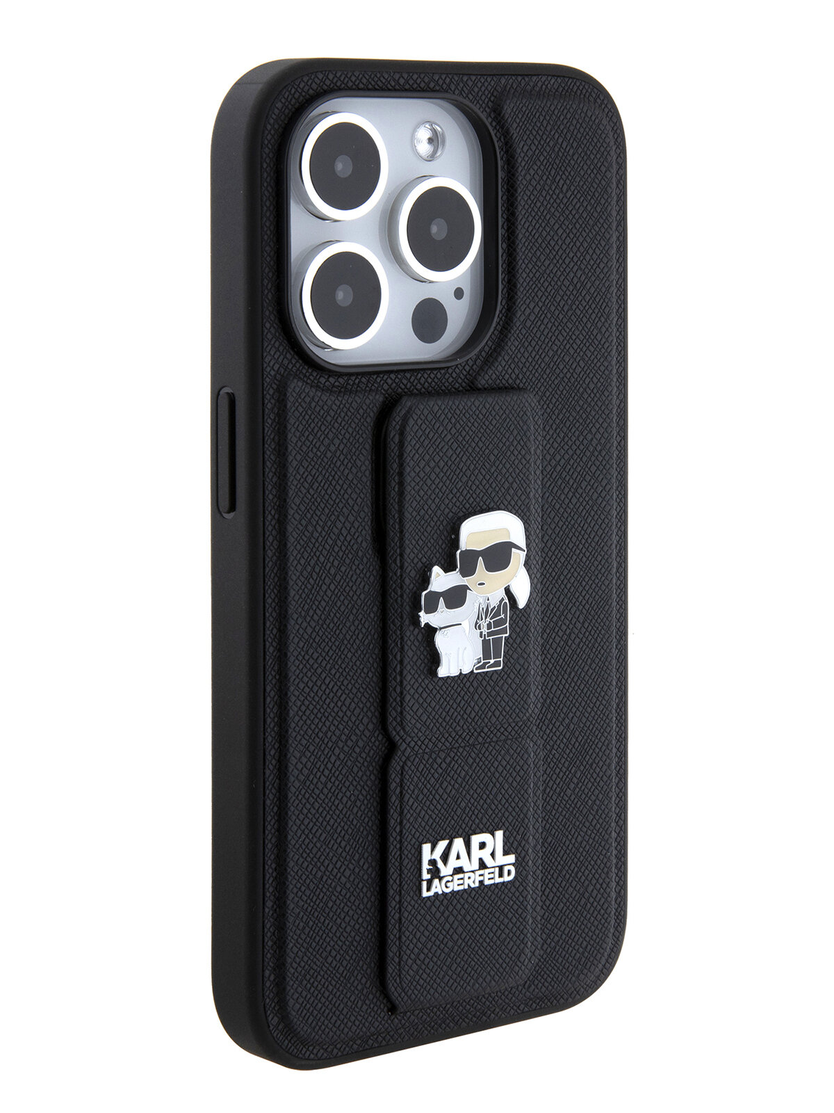 Чехол Karl Lagerfeld GripStand PU Saffiano NFT Karl & Choupette metal Hard для iPhone 15 Pro, цвет Черный (KLHCP15LGSAKCPK)