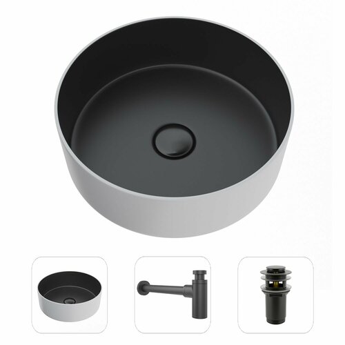 Накладная раковина в ванную Helmken 49936001 комплект 3 в 1: умывальник круглый 36 см, сифон и донный клапан click-clack в цвете черный, гарантия 25 лет