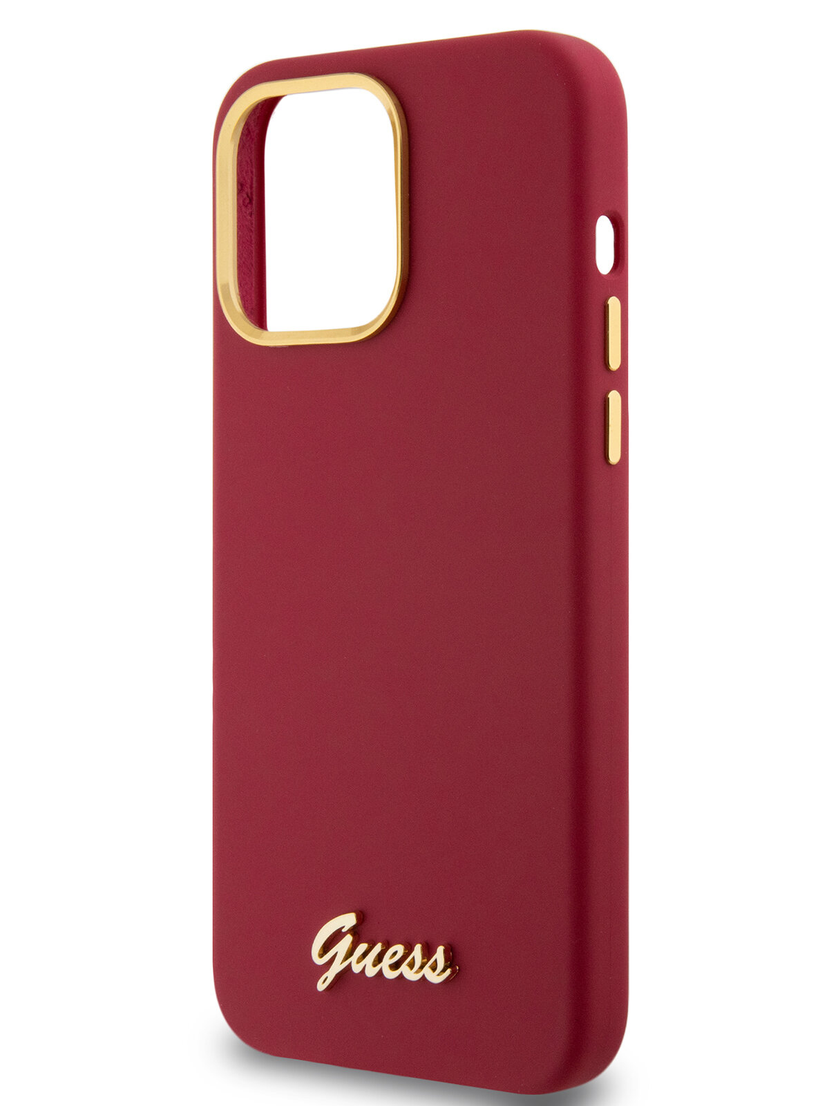 Guess для iPhone 15 Pro Max чехол Liquid silicone Gold metal logo & Camera frame Hard Magenta