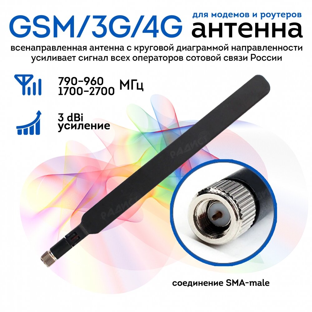 Антенна GSM/3G/4G BS-700/2700-3 SMA-male (Всенаправленная 3 дБ) black