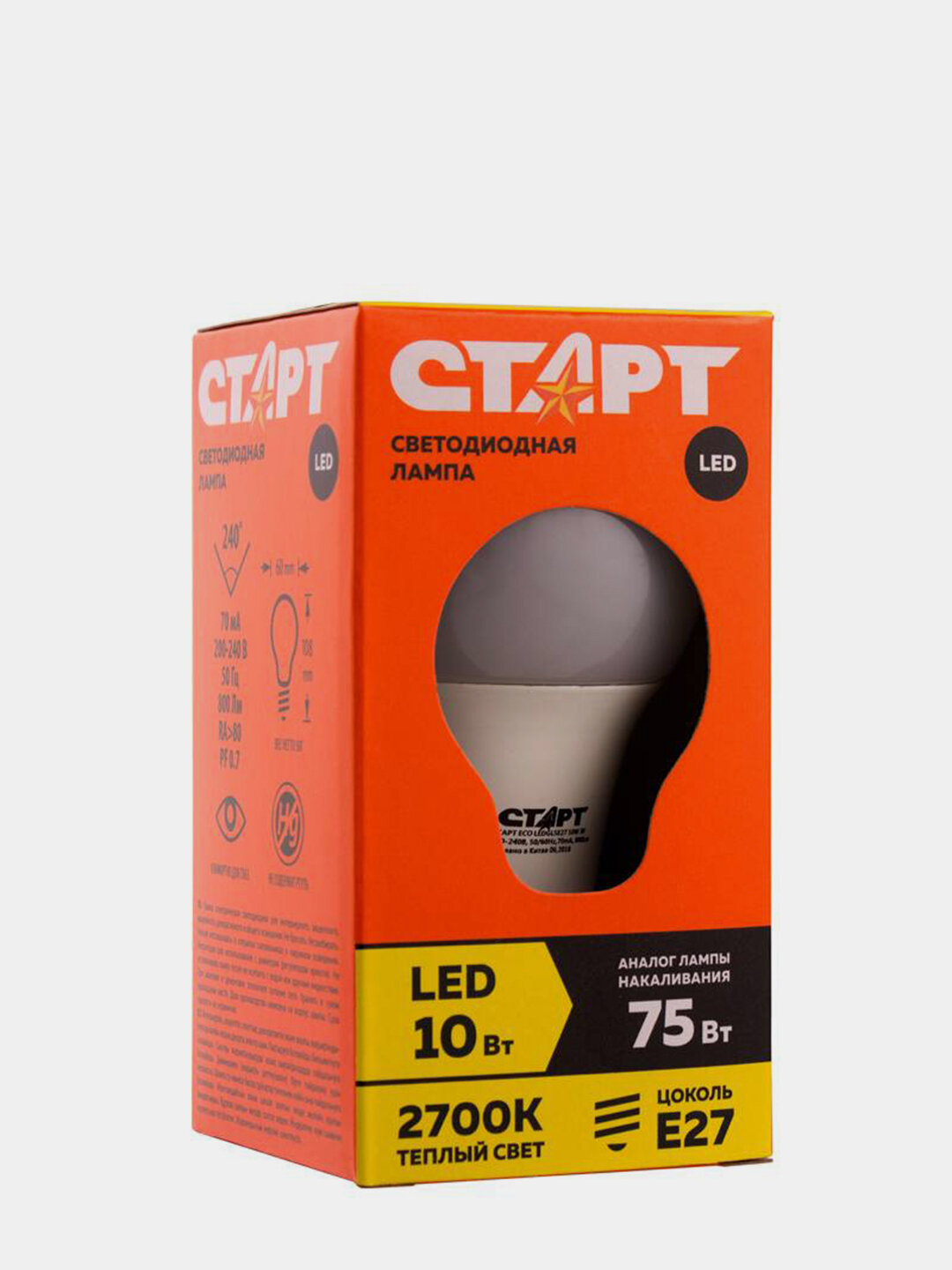 Лампа светодиодная Старт LED, серия "ЭКО" 10W30, тип А "груша", E27, 2700К, теплый свет
