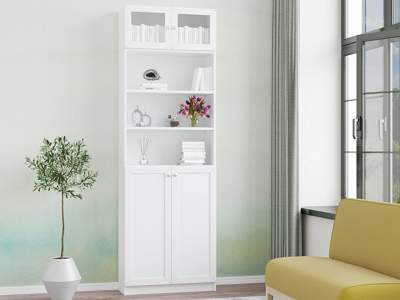 фото Шкаф книжный стеллаж с антресолью Билли 21, 80х30х237 см, Белый ЛДСП/рамка МДФ/стекло