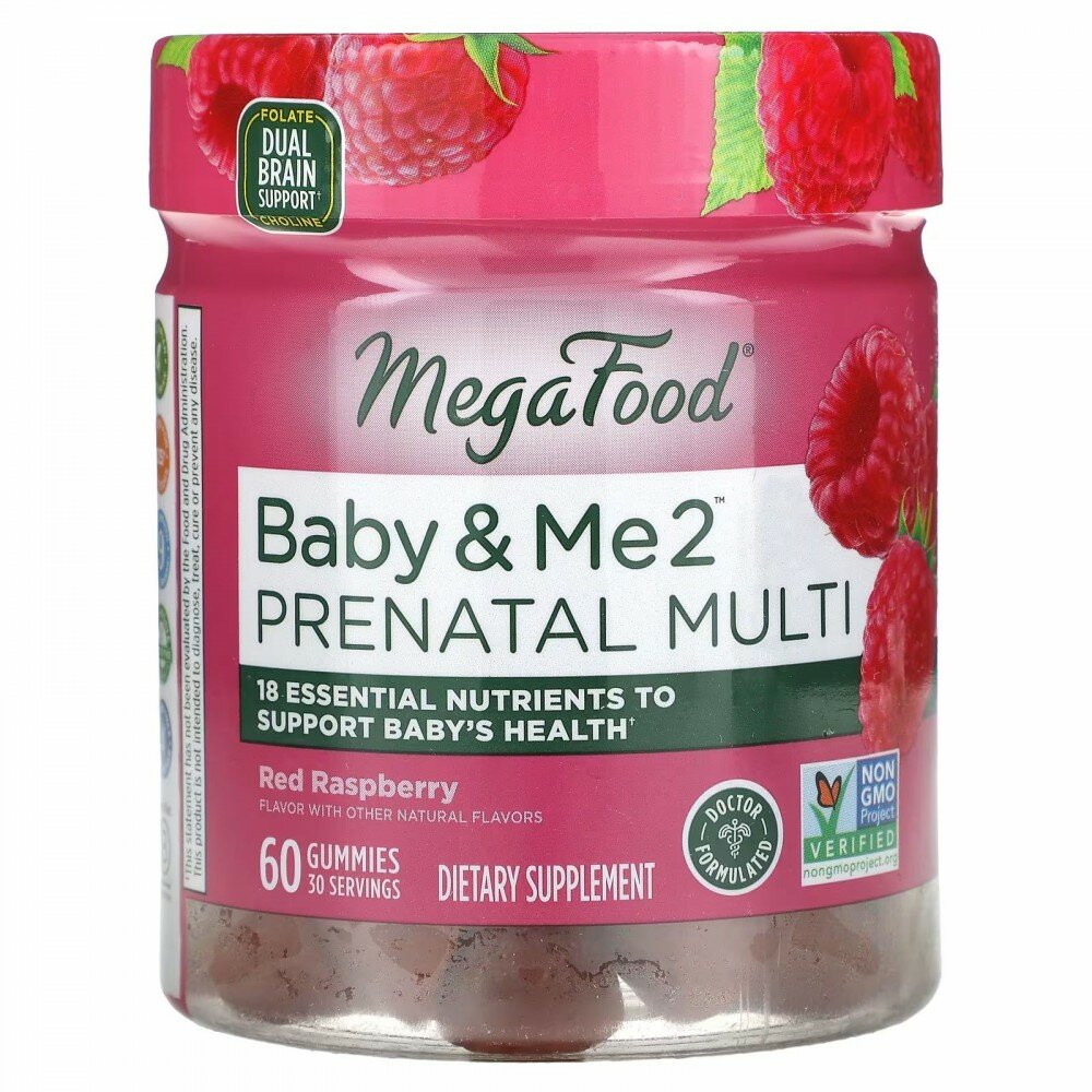 MegaFood Baby & Me 2 мультивитамины для беременных красная малина 60 жевательных таблеток