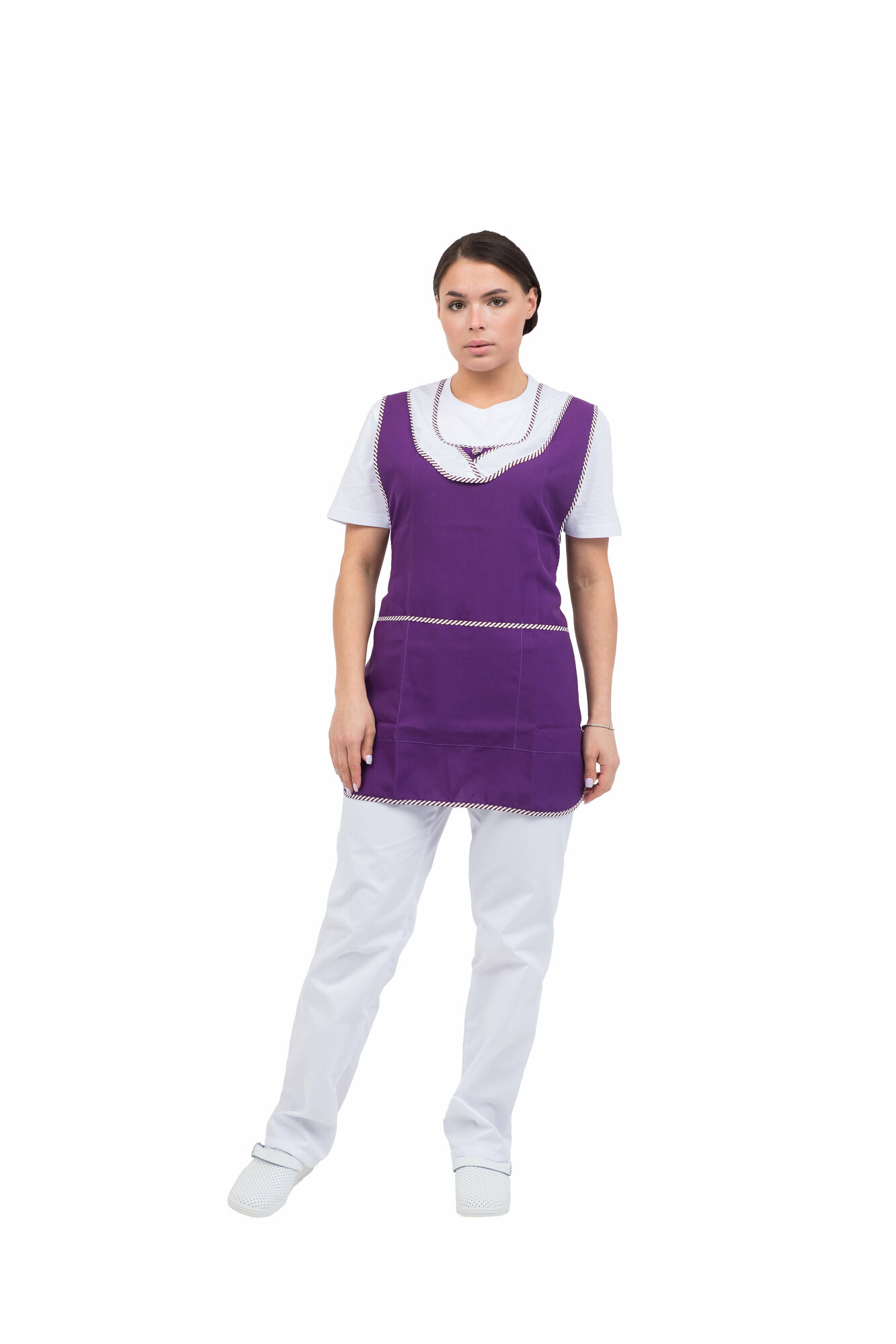 фото Фартук рабочий женский Лолита габардин, фиолетовый. Фартук для продавцов. Фартук женский универсальный. Фартук для персонала. Фартук для работников клининговых служб, горничных.