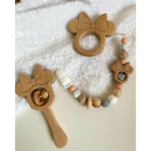 Погремушка Микки деревянная, грызунок, прорезыватель для зубов, держатель подарочный набор коала и лисёнок деревянная погремушка и прорезыватель