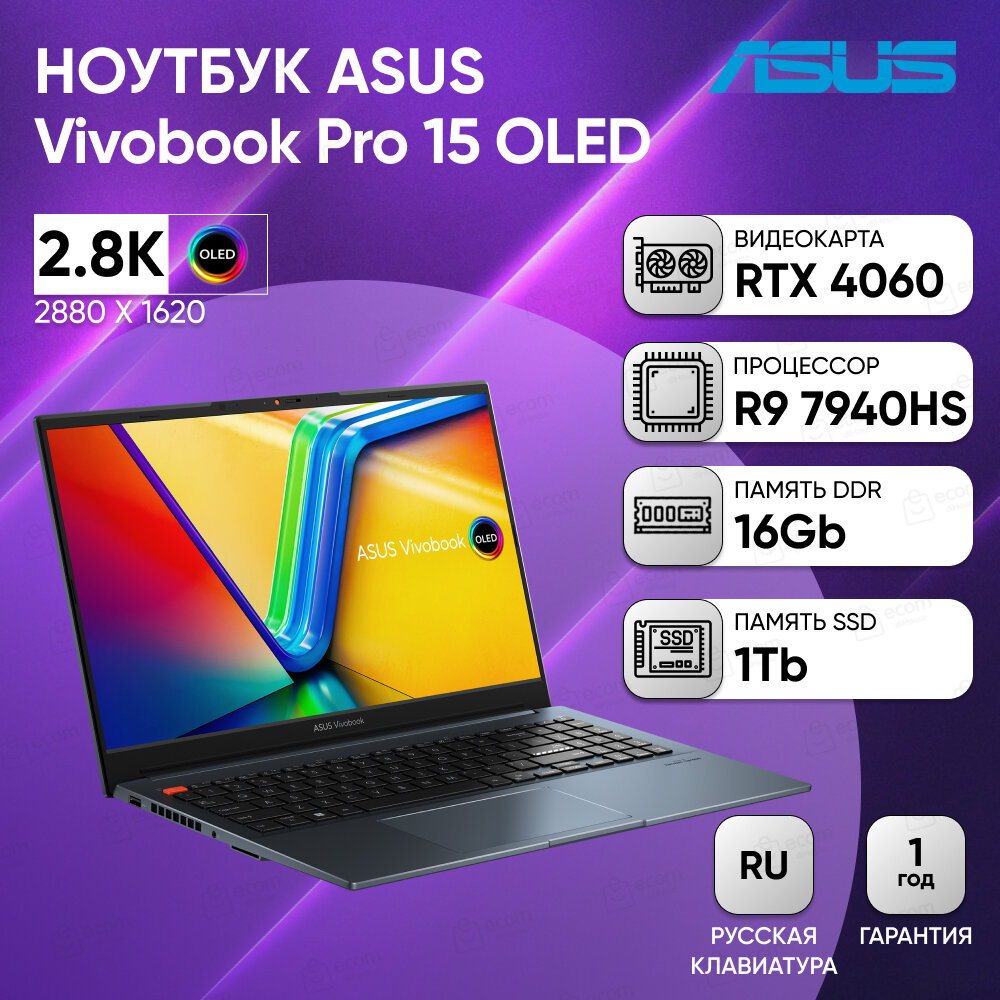 Ноутбук ASUS M6500XV-MA084 15.6" 2.8K OLED 600N 120Hz/R9-7940HS/16GB/1TB SSD/RTX 4060 8GB/DOS/Quiet Blue*