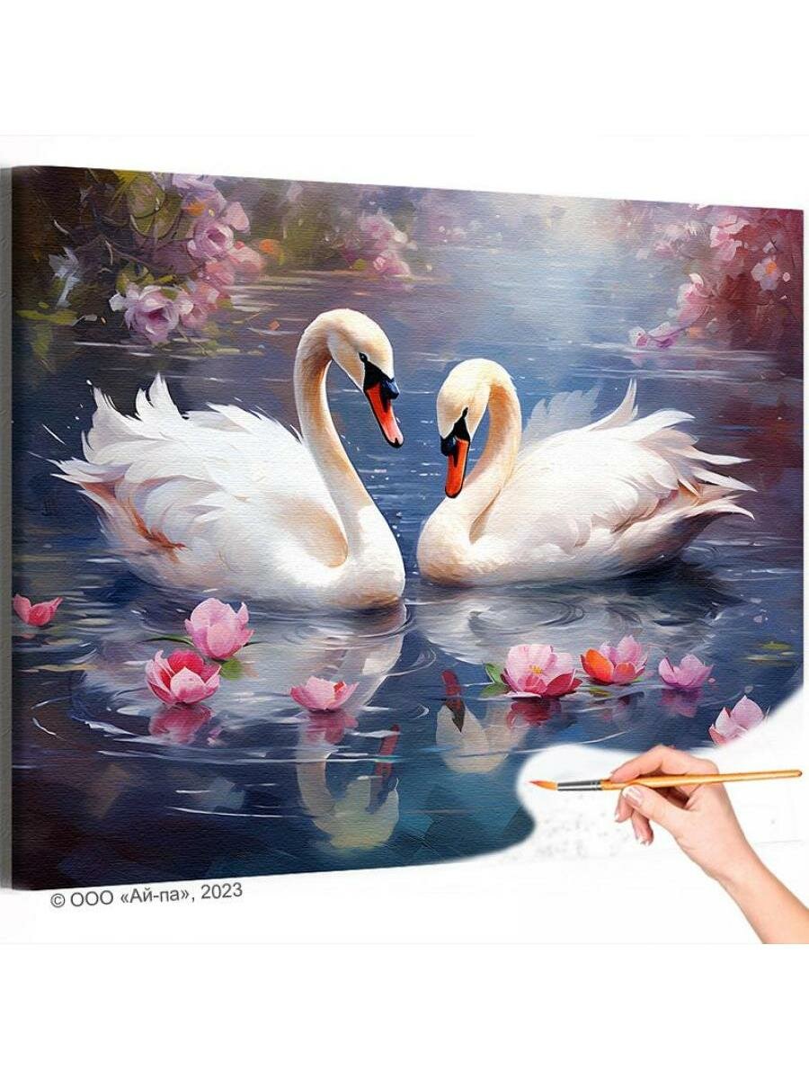 Лебеди и цветы на озере Птицы Природа Пейзаж Весна Цветы Вода Раскраска картина по номерам на холсте 40х50
