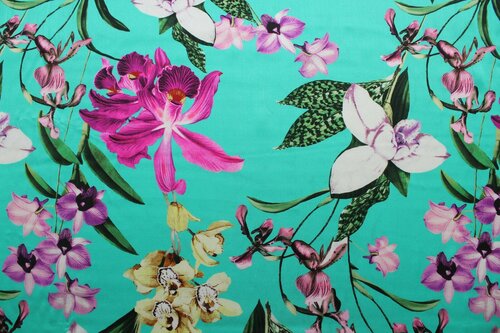Ткань Шёлк-атлас S. Ferragamo цветы на бирюзовом фоне, ш136см, 0,5 м