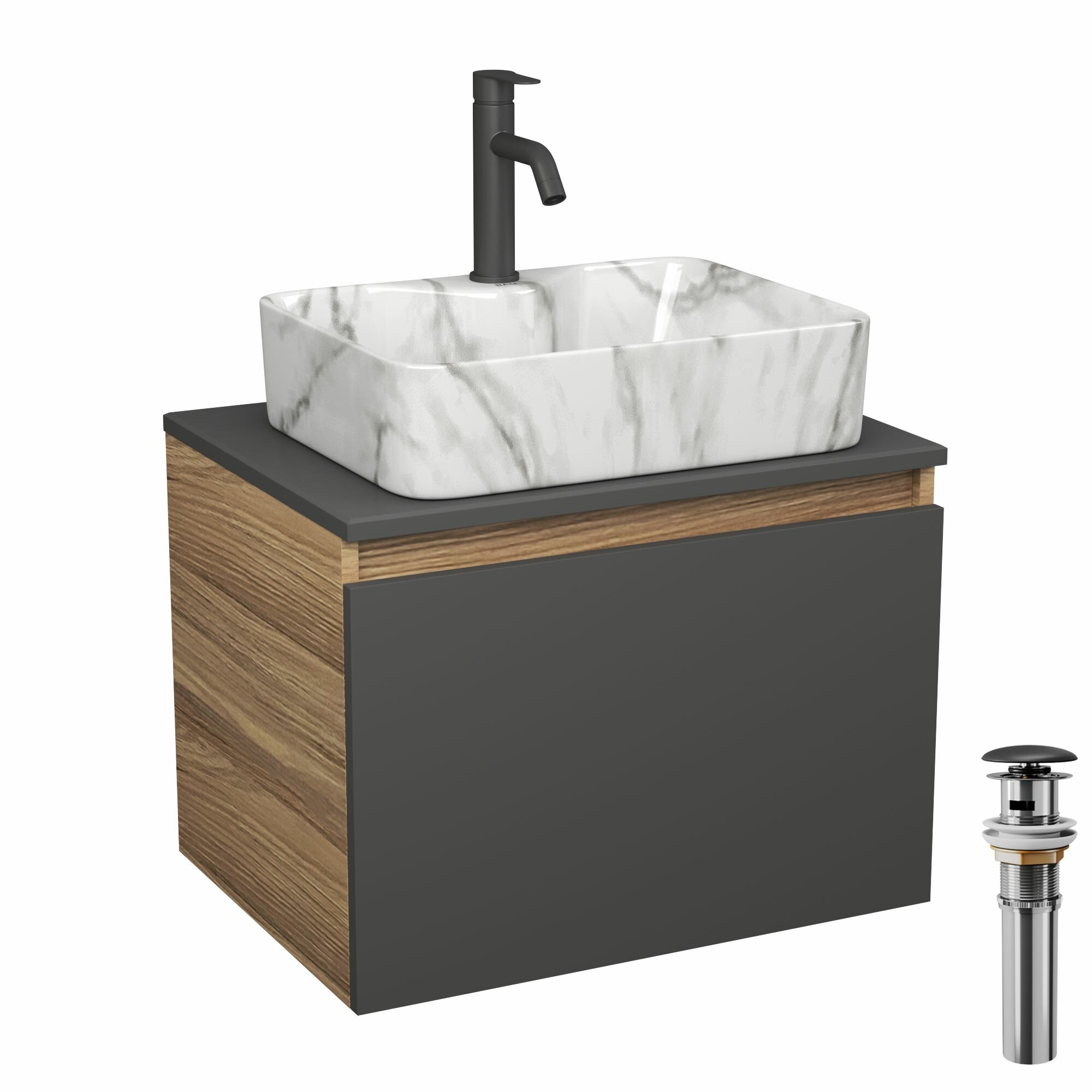 фото Комплект: тумба Bau Dream Blackwood графит 60, 1 ящик, раковина прямоугольная BAU Cerama 48х37, мрамор, смеситель Hotel Dream, черный выпуск клик клак черный