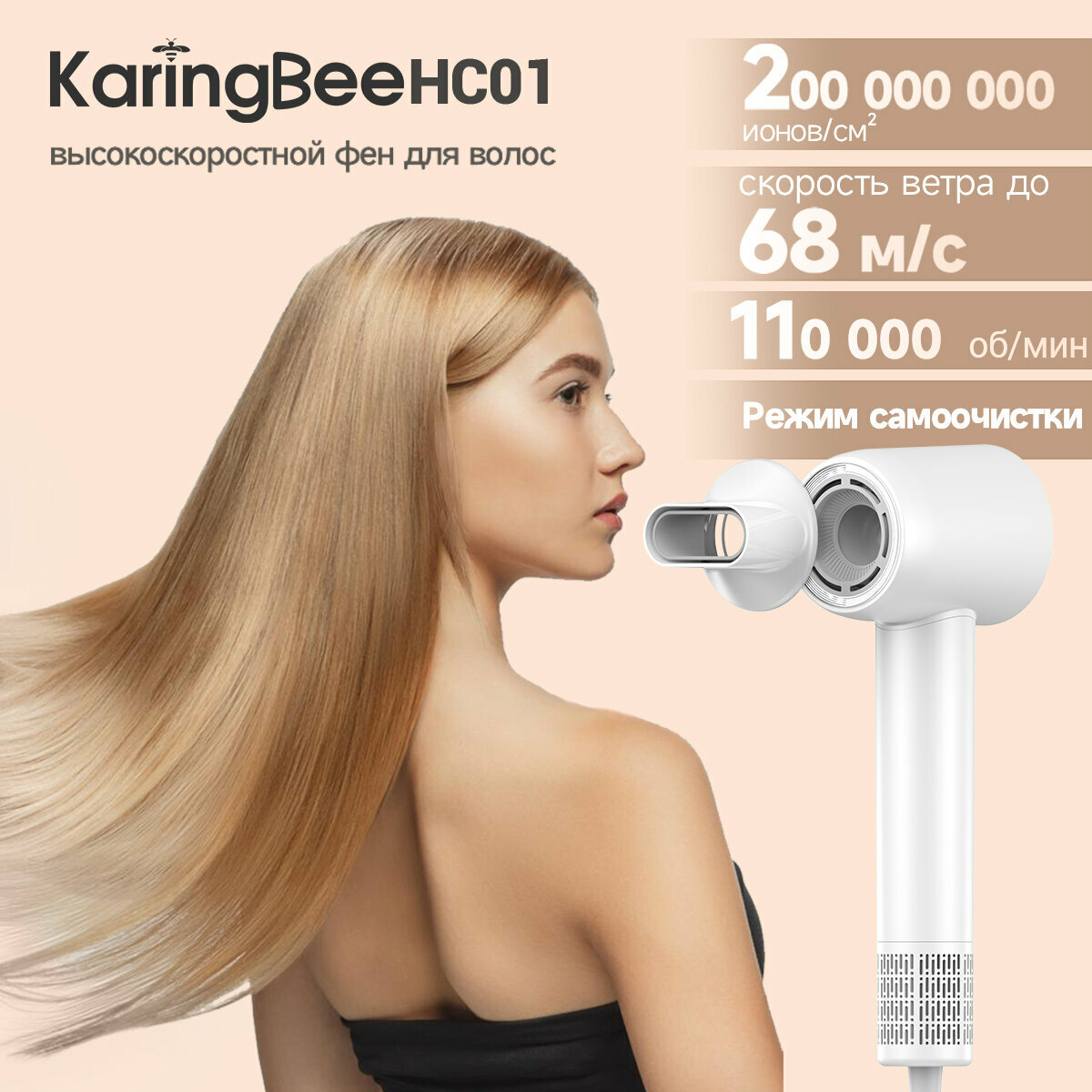 Высокоскоростной фен для волос KaringBee HC01, 200 миллионов отрицательных ионов, 4 температур, 3 скорости