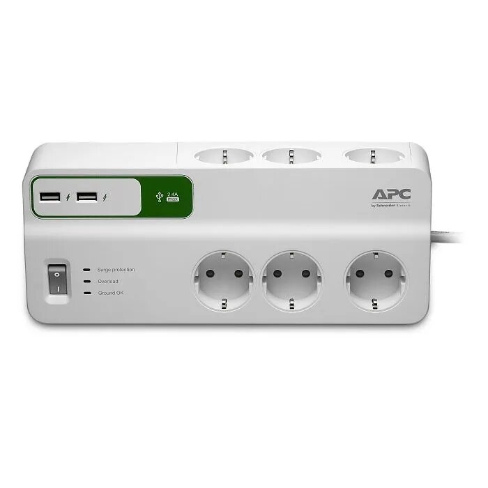 Сетевой фильтр APC PM6U-GR (с переключателем, 5 В, 2,4 A, 6 розеток, USB-зарядное устройство на 2 порта, фильтр помех)