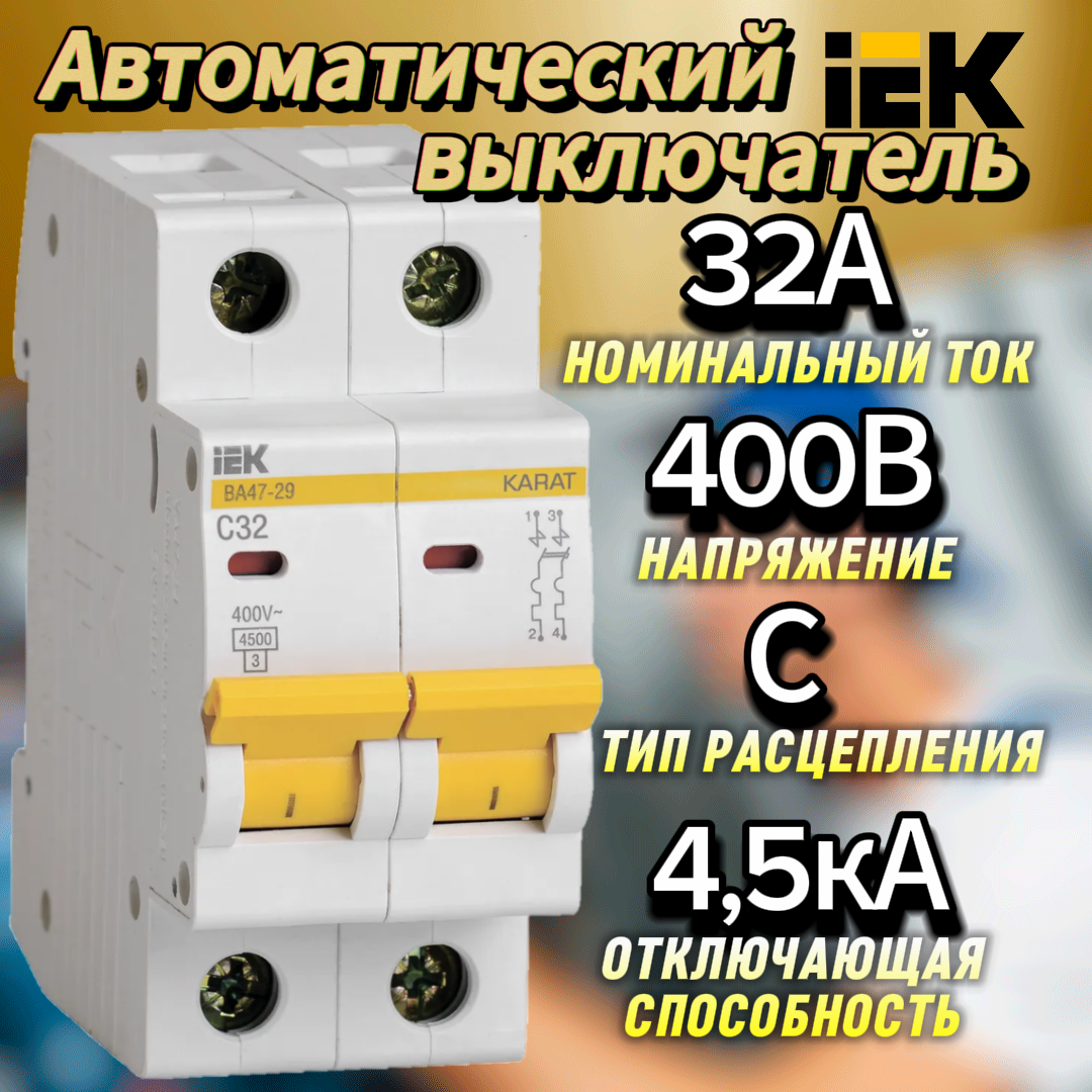 Автоматический выключатель IEK ВА47-29 2P 32А тип C 4,5кА MVA20-2-032-C ИЭК