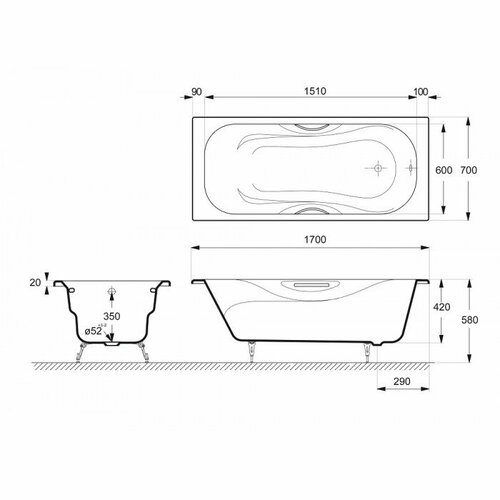 Ванна чугунная Delice Malibu 170x70 DLR230608-AS с антискользящим покрытием