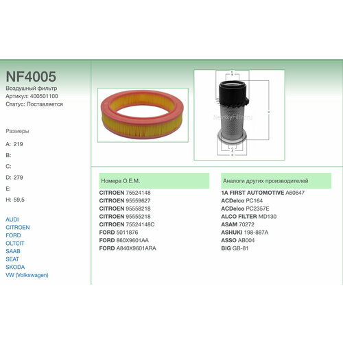 Фильтр воздушный(круглый), невский фильтр NF4005