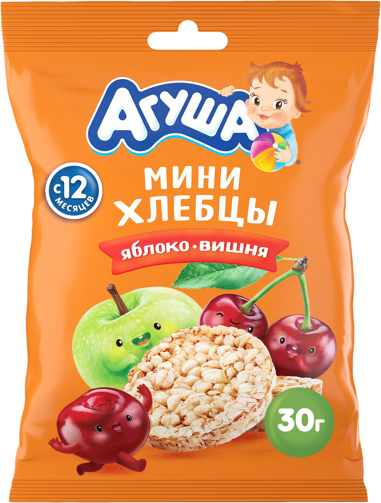 Хлебцы мультизлаковые хрустящие агуша Полезный перекус, со вкусом яблока и вишни, с 12 месяцев, 30г