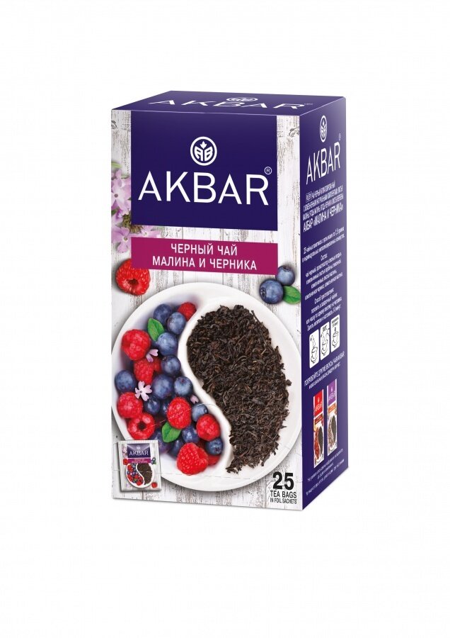 Akbar Чай в пакетиках черный Малина и черника, 25 пак х 1,5 г