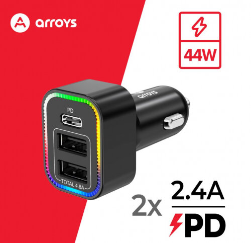 Автомобильное зарядное устройство Arroys CR-6, USB-A + USB-C, 44 Вт, 3 A, черный