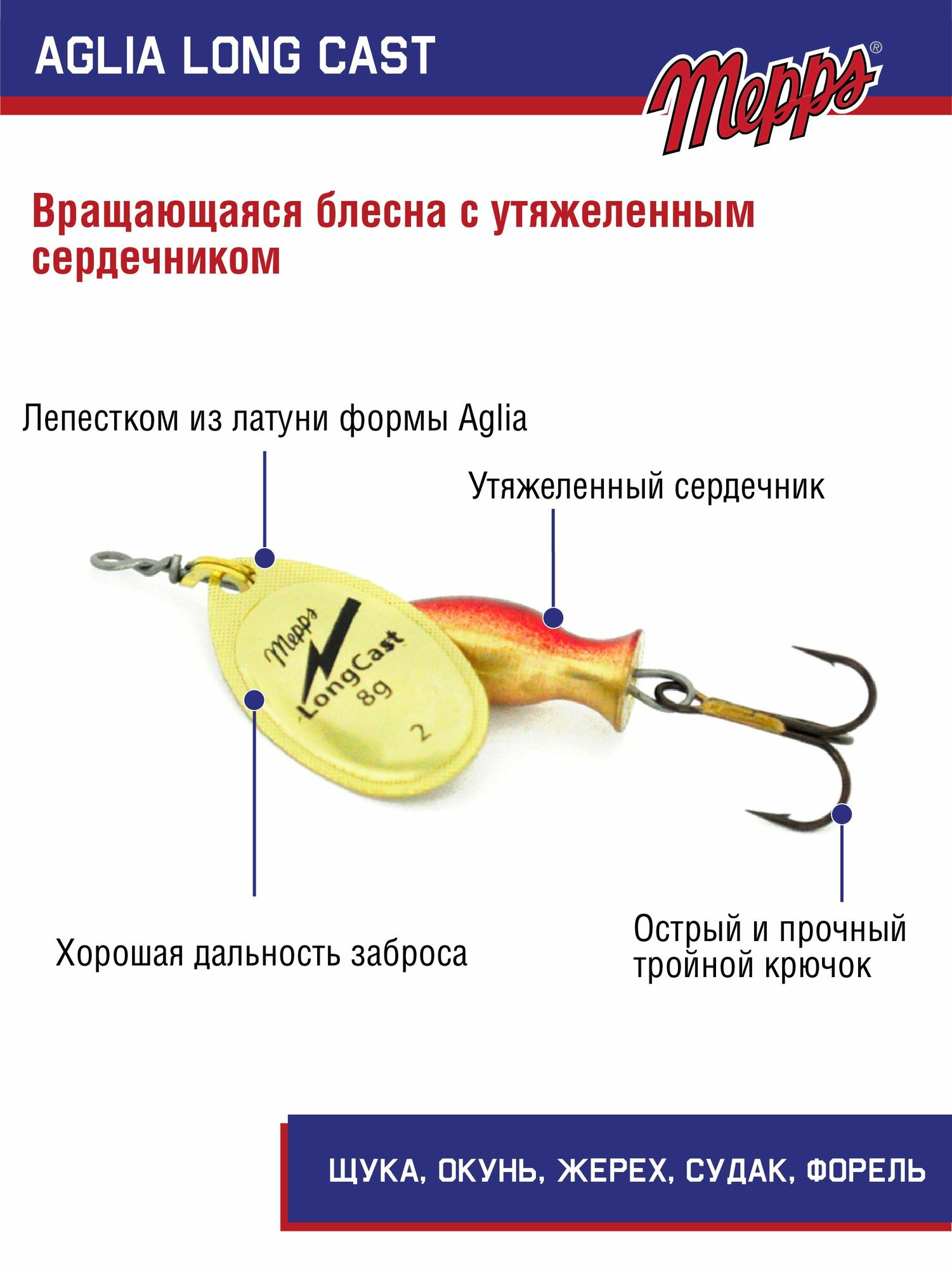 Блесна вращающаяся для рыбалки Mepps AGLIA LongCast OR №2 . Приманка на щуку, окуня, форель — фото 1