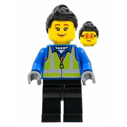 минифигурка лего lego dis085 mickey mouse blue vest Минифигурка Lego hol279 Woman, Black Hair, Blue Coat, Lime Safety Vest, Black Legs