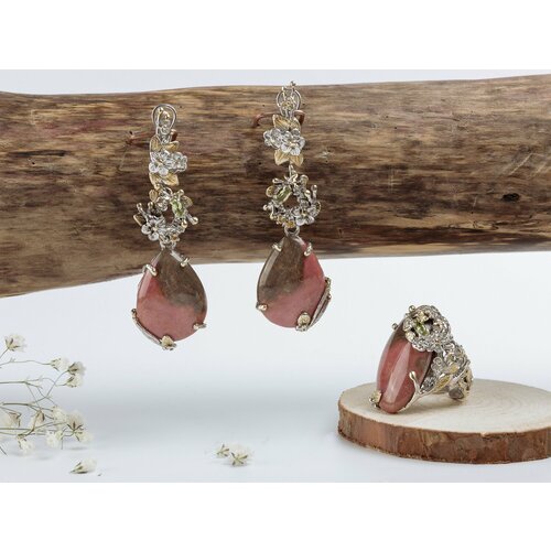 Серьги с подвесками СИЛА ПРИРОДЫ B9410-48 SB8746-48 с+к, серебро, 925 проба, бриллиант, хризолит, цитрин, родонит, серебряный