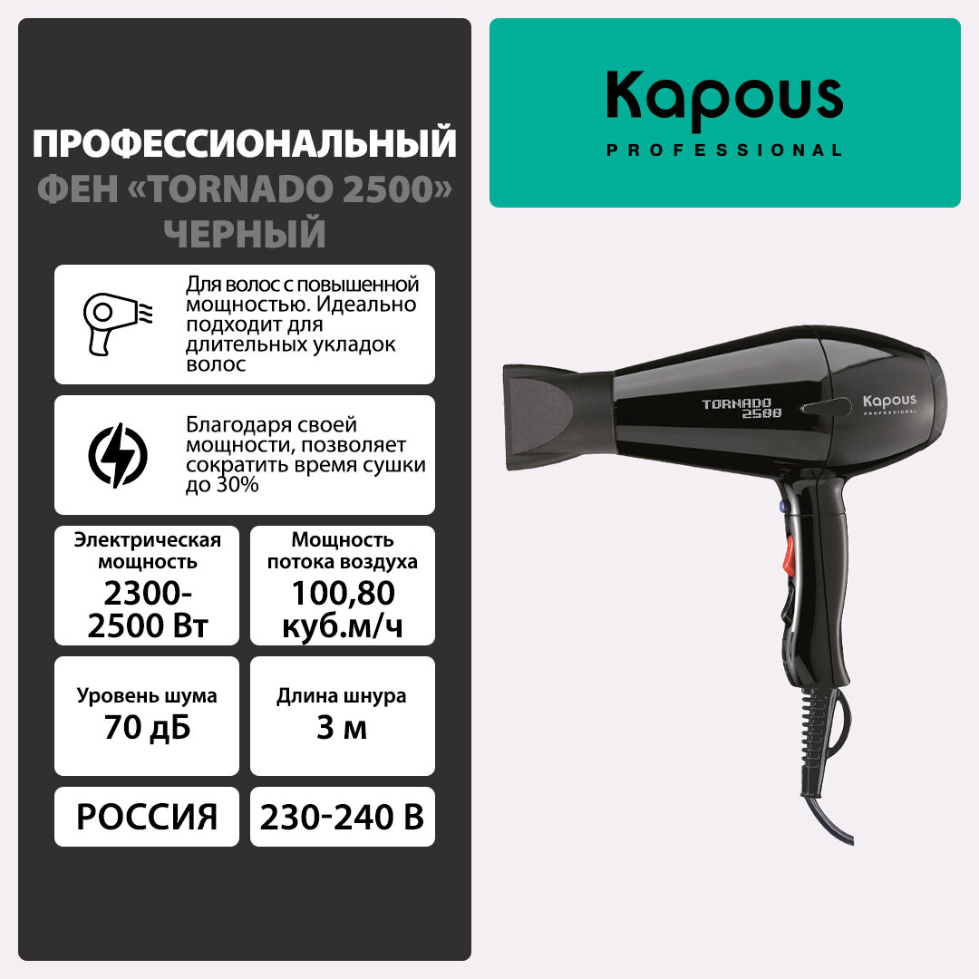 Профессиональный фен Kapous "Tornado 2500", черный