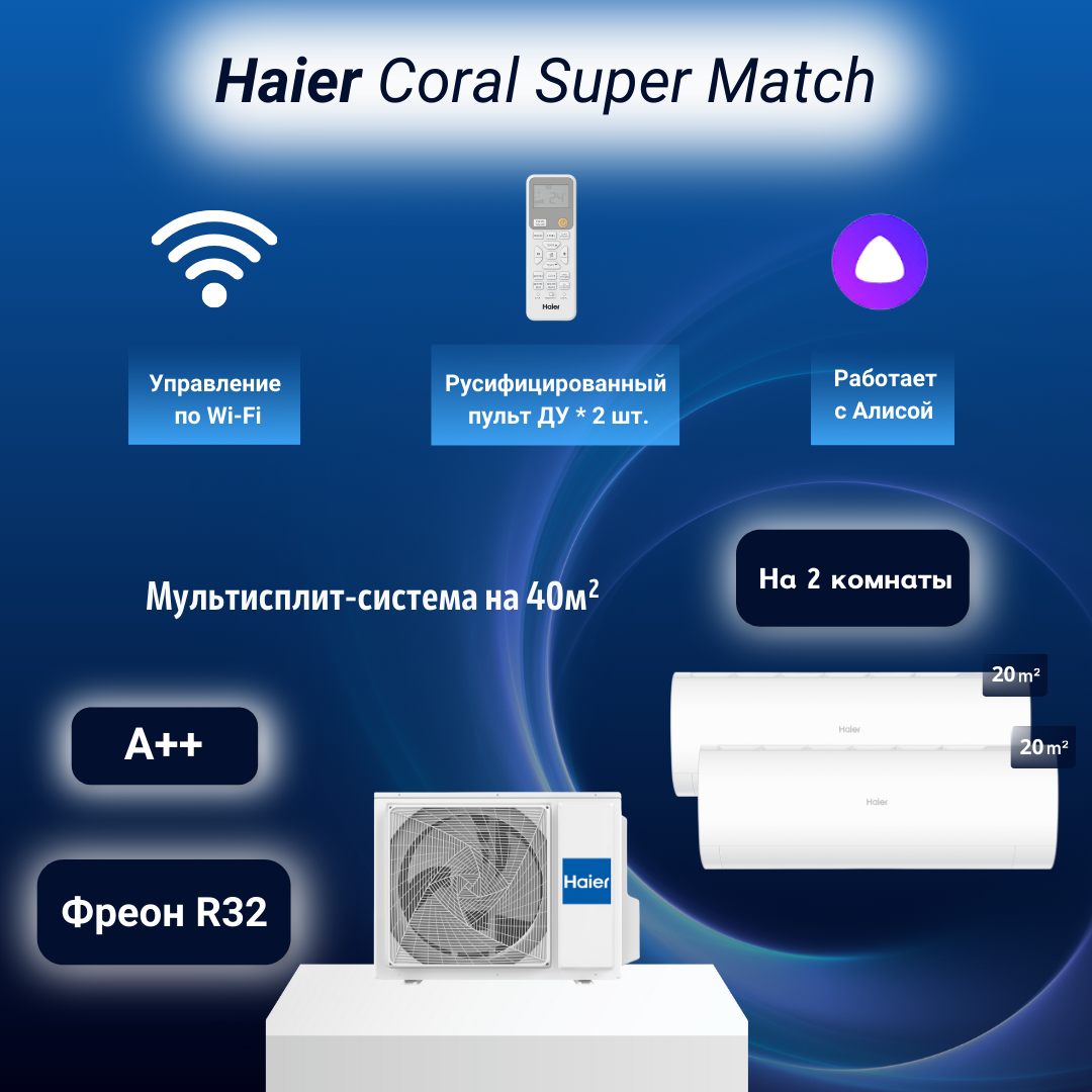 Мультисплит-система Haier Coral Super Match 2 x AS20PS1HRA-M / 2U40S2SM1FA на 2 комнаты 20+20 м2