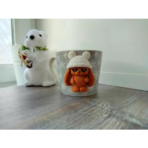 Кружка с декором Зайчик Ручная работа 270 мл Декор из полимерной глины Авторская работа 1600₽