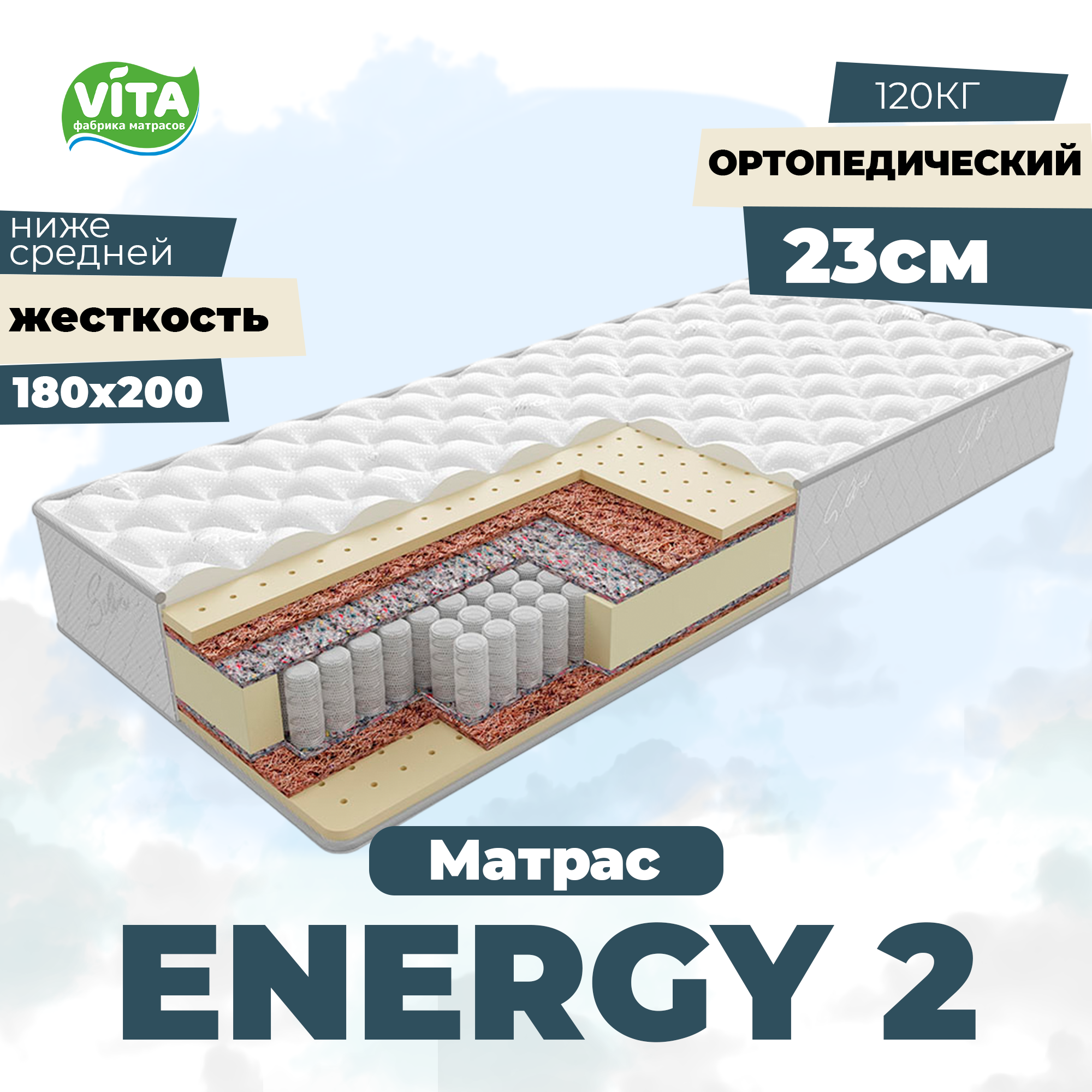 Матрас ортопедический VITA Energy 2, 180x200x23, пружинный блок, независимый, 512 пружин
