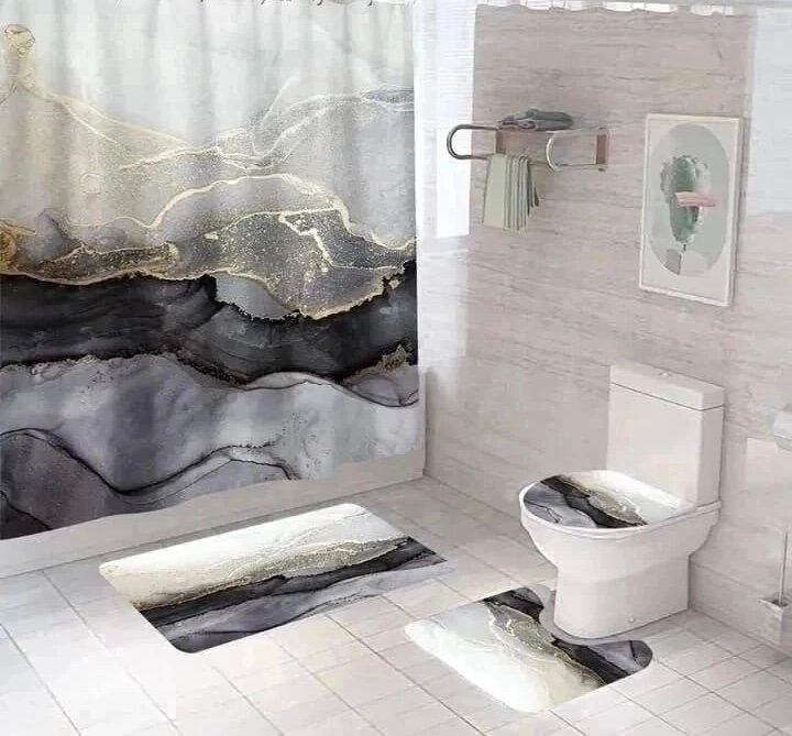 фото Коврики и штора для ванной комнаты и туалета Серо/белый мрамор