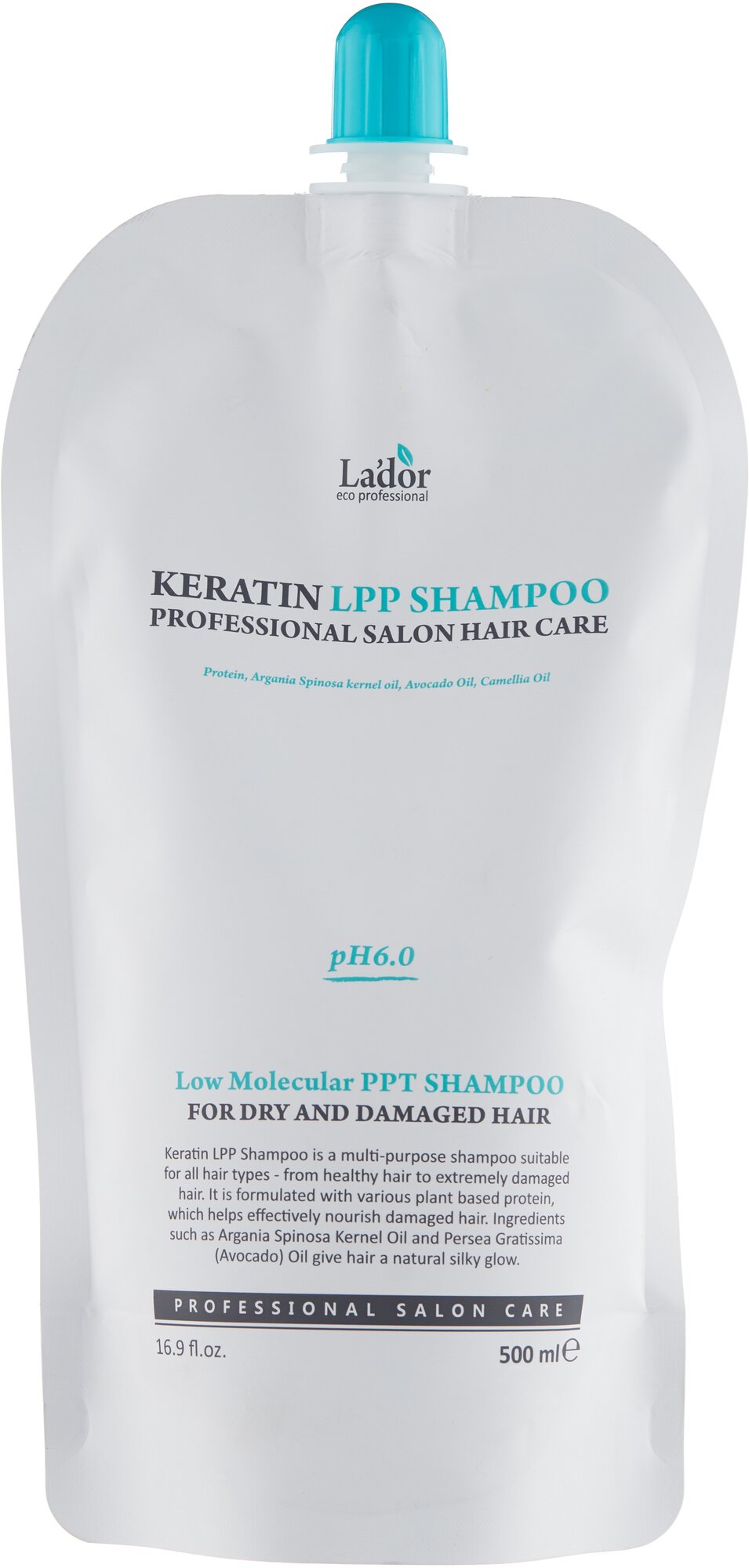 Шампунь для волос бесщелочной протеиновый c кератином Lador Keratin LPP Shampoo, 500 мл (мягкая упаковка)