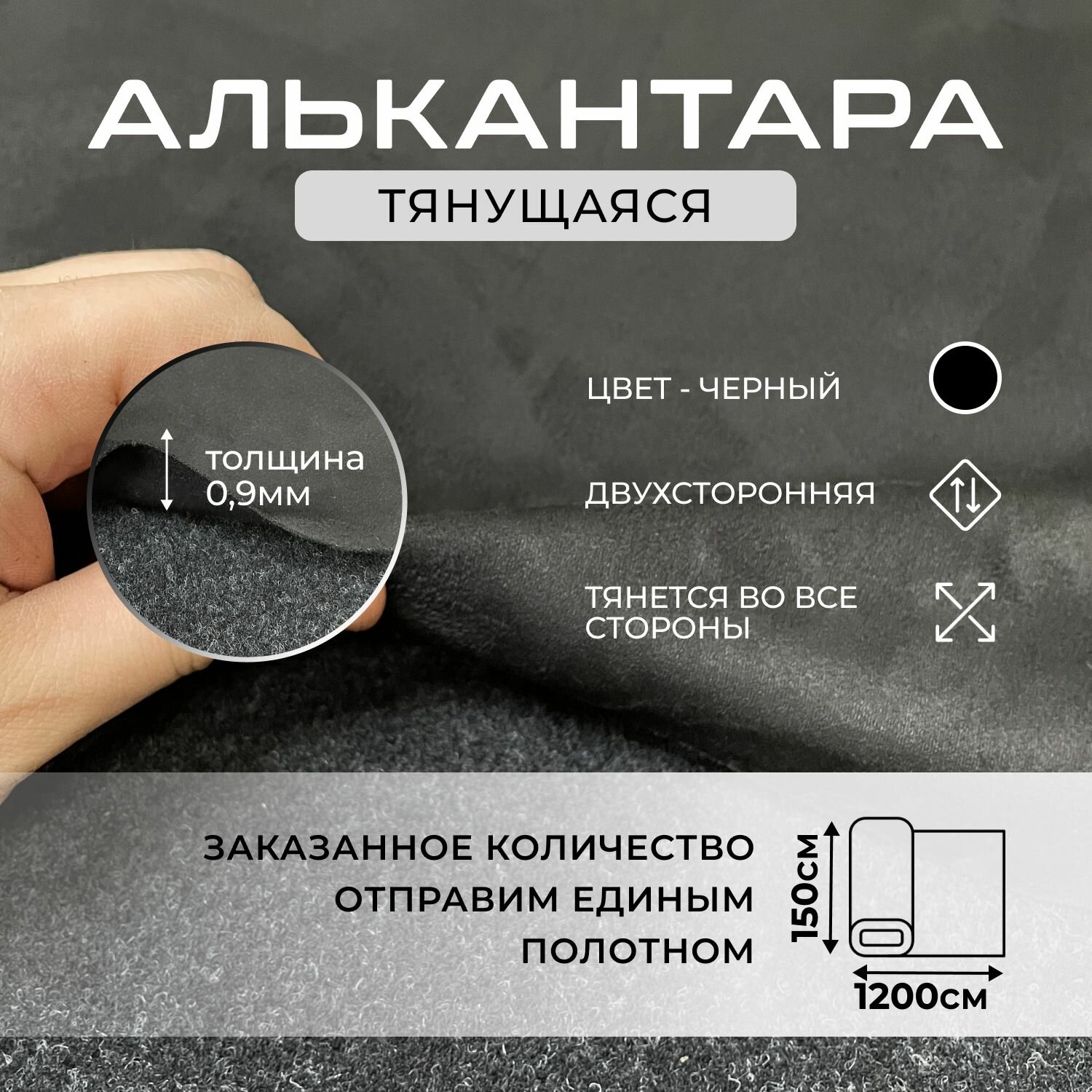 Ткань алькантара черная тянущаяся, потолочная замша для авто, обивочный материал для перетяжки салона 1200х150см
