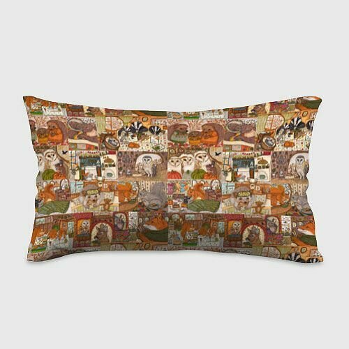 Коллаж из сказочных зверей - совы, белки, ёжики Прямоугольная подушка
