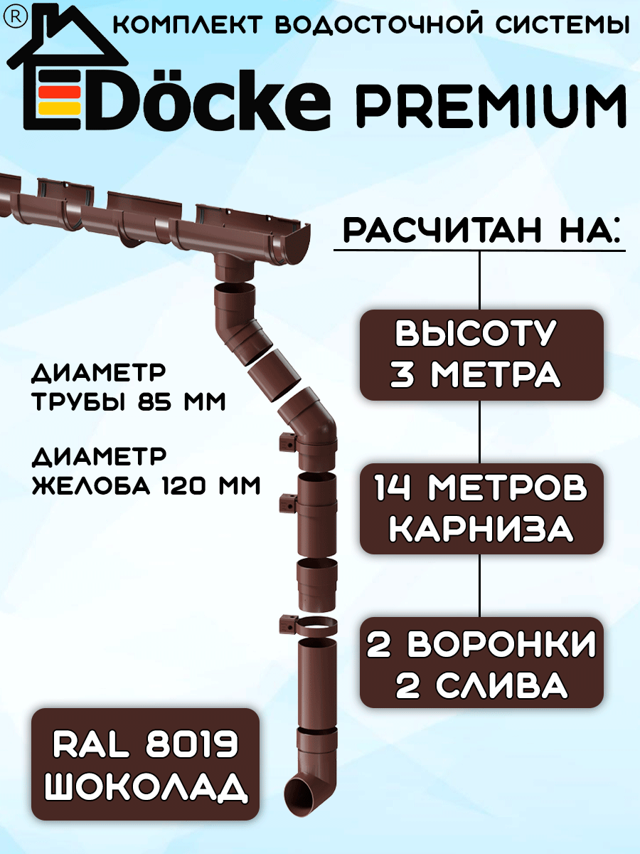Комплект водосточной системы Docke Premium шоколад 14 метров (2 слива) (120мм/85мм) водосток для крыши Дёке Премиум коричневый (RAL 8019)