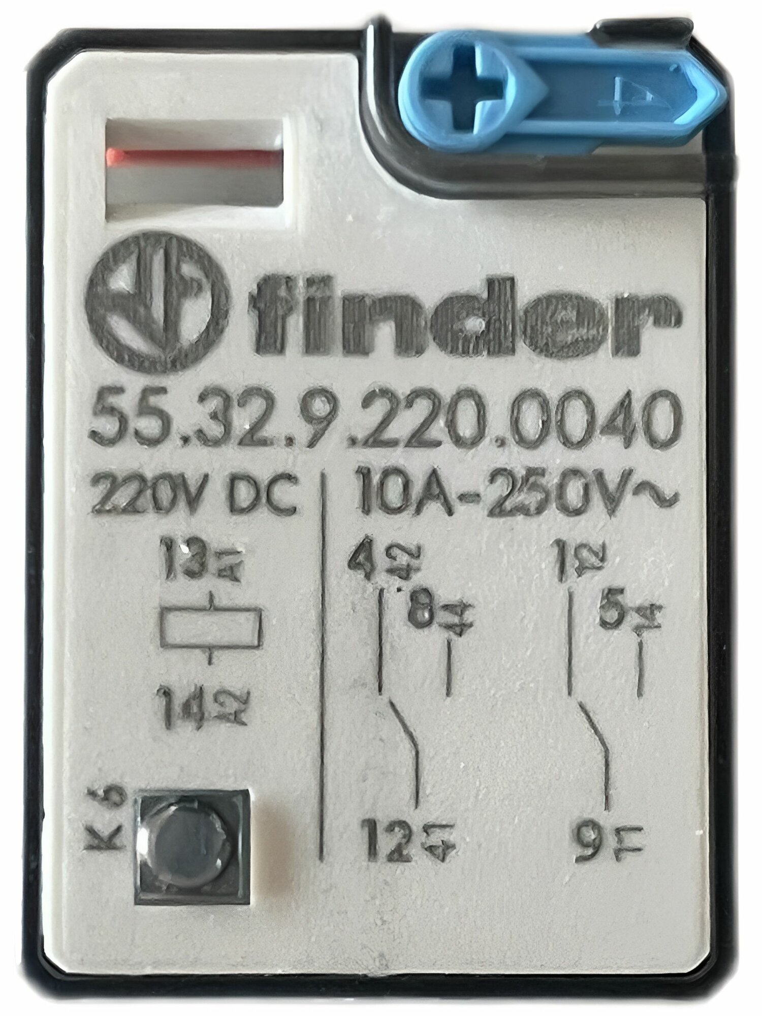 55.32.9.220.0040 Finder, 2CO 10A; 220B DC; Промежуточное реле в розетку, кнопка тест + мех. индикатор.