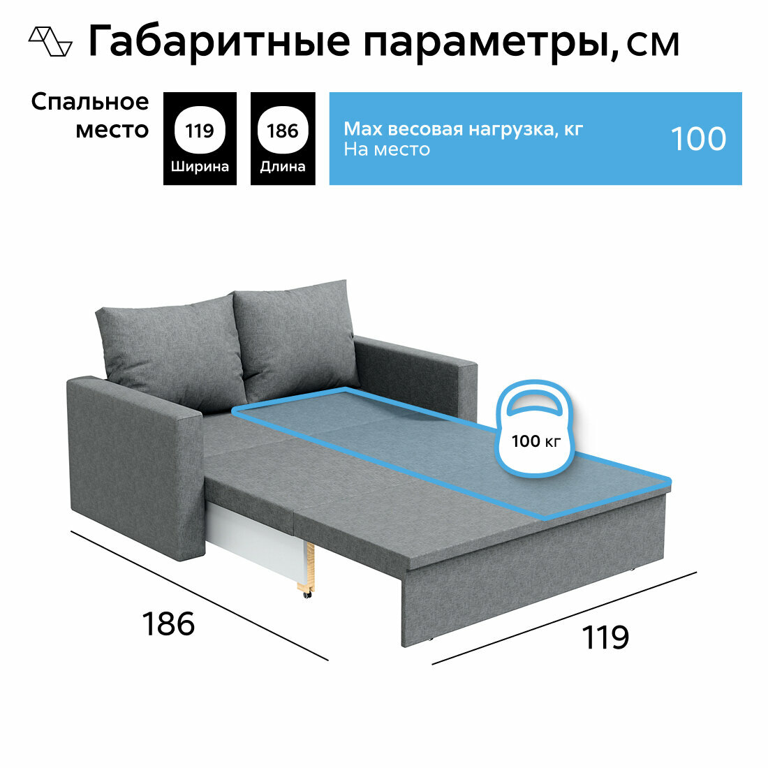 Диван раскладной двухместный Нонтон Тунне, книжка, 145x82x86 см, рогожка серая — фото 1