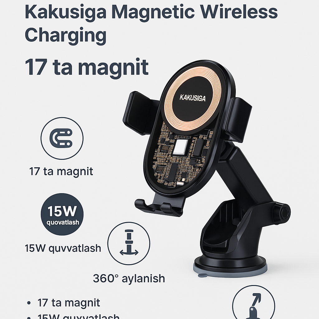 Держатель автомобильный Kakusiga Wireless Magnetic Charger, 17 магнитов, 360°, черный