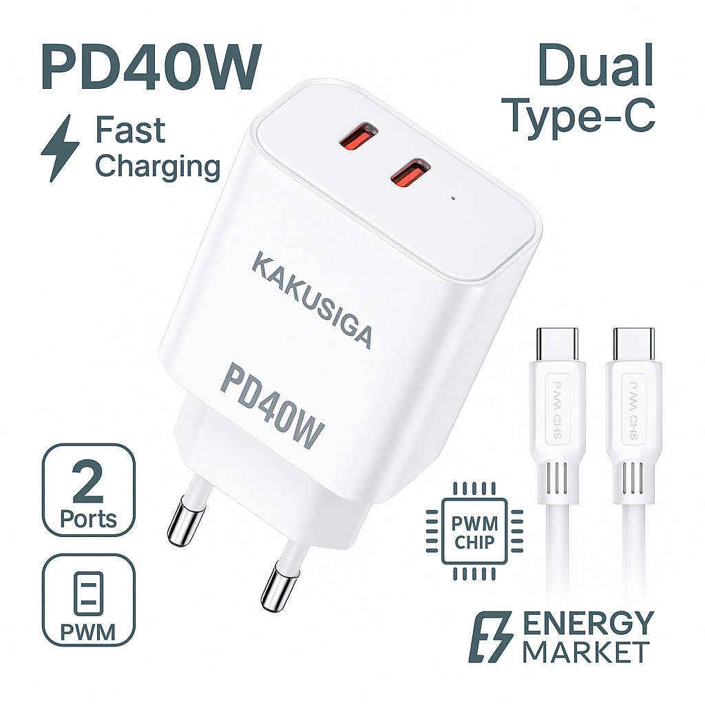 Зарядное устройство KAKUSIGA Dual Type-C PD40W, 2 порта, белый