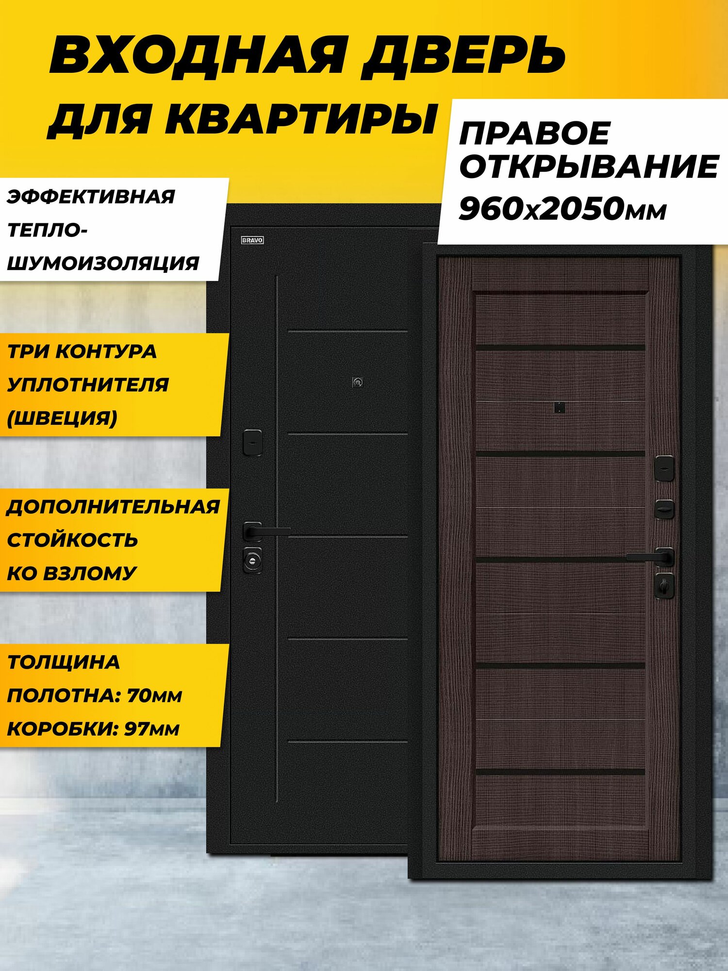 Входная дверь металлическая для квартиры Борн/SBlack Букле черное/Wenge Melinga правая 2050*960