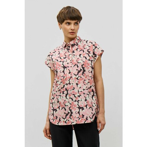 фото Блуза baon, нарядный стиль, прямой силуэт, короткий рукав, трикотажная, без карманов, флористический принт, размер 42, розовый